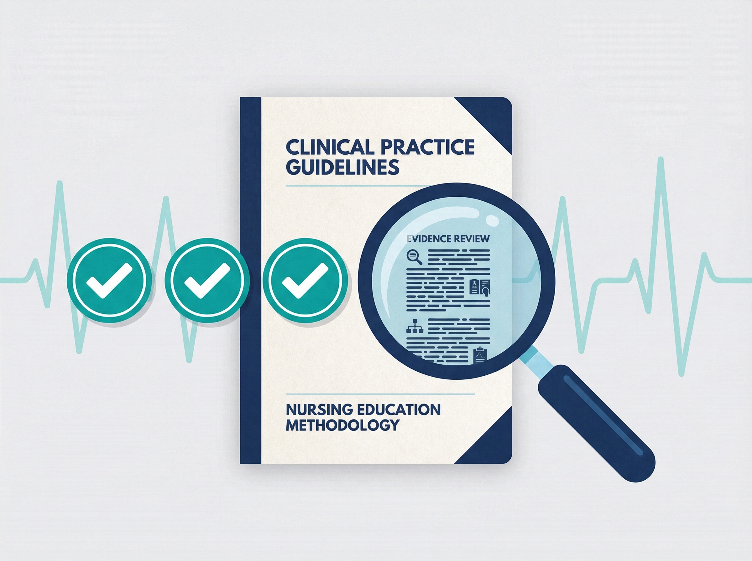 Clinical Practice Guidelines document with magnifying glass reviewing evidence — representing NursingEdAI's guideline-anchored content and drift detection