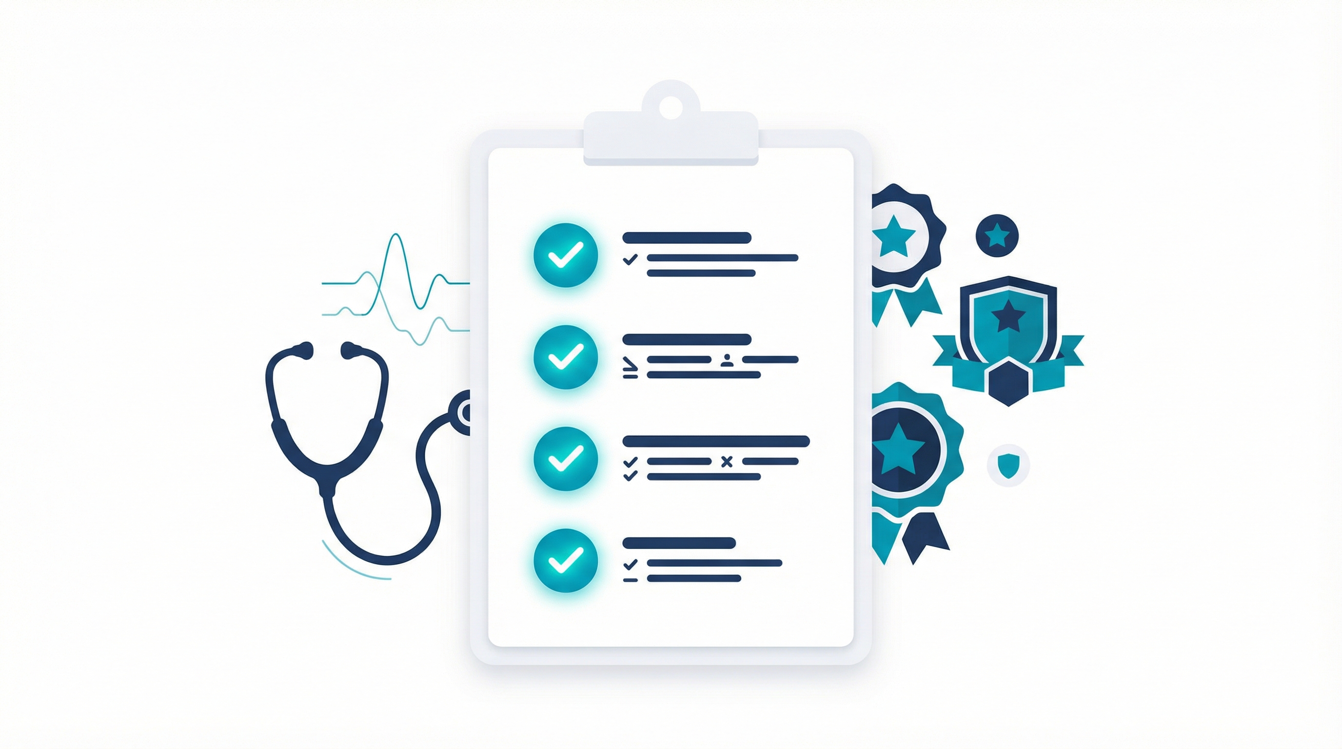 Quality standards checklist with stethoscope and clinical quality badges — representing NursingEdAI's five-stage content pipeline